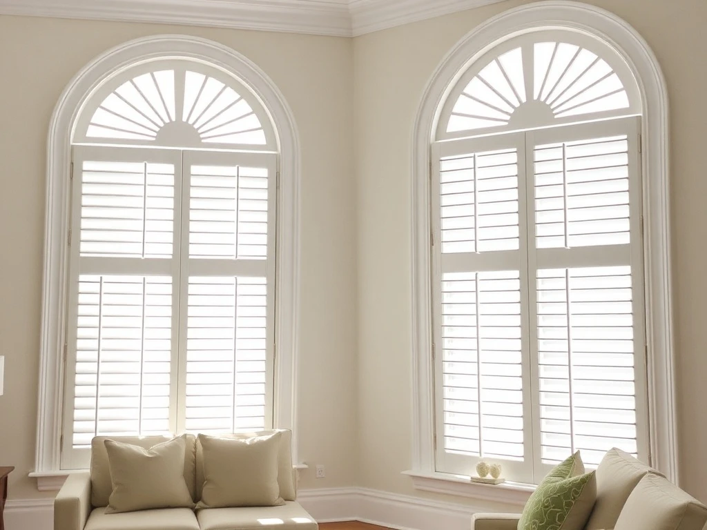 Elegant white plantation shutters enhance a modern living room, offering privacy and light control. This image illustrates the style and functionality of high-quality Plantation Shutters.