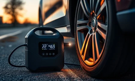 Portable Air Pump inflating car tire during roadside emergency with digital display showing pressure readings