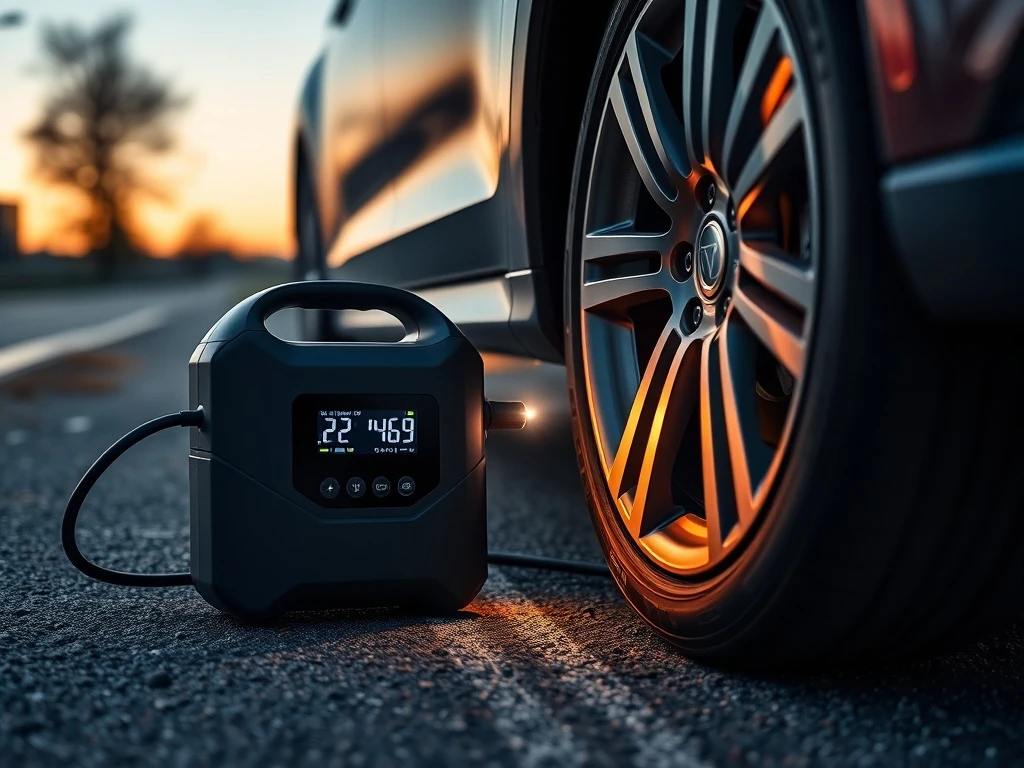 Portable Air Pump inflating car tire during roadside emergency with digital display showing pressure readings