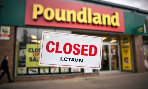 A Poundland store front with a 'closing down' sign, symbolizing the ongoing Poundland store closures and retail challenges.