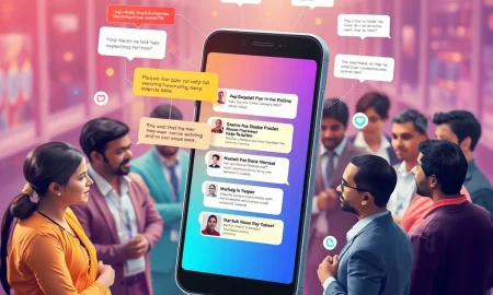Mobile phone displaying chat bubbles and news icons, symbolizing powerful connections within PR & Media WhatsApp Groups in India.