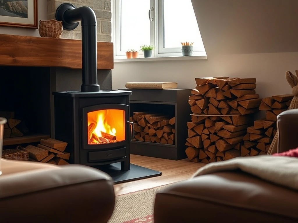 A modern wood burner radiating warmth, surrounded by neatly stacked premium heat logs, symbolizing efficient and sustainable home heating.