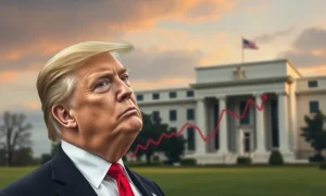 President Trump gesturing towards economic charts, symbolizing his push for a rate cut and its impact on the economy.