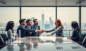 Elite investors discussing **Private Equity** strategies in a high-rise office, symbolizing exclusive wealth growth beyond public markets.