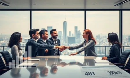 Elite investors discussing **Private Equity** strategies in a high-rise office, symbolizing exclusive wealth growth beyond public markets.