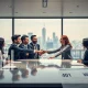 Elite investors discussing **Private Equity** strategies in a high-rise office, symbolizing exclusive wealth growth beyond public markets.