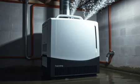 Pro-grade dehumidifier extracting moisture from flooded basement to prevent structural damage