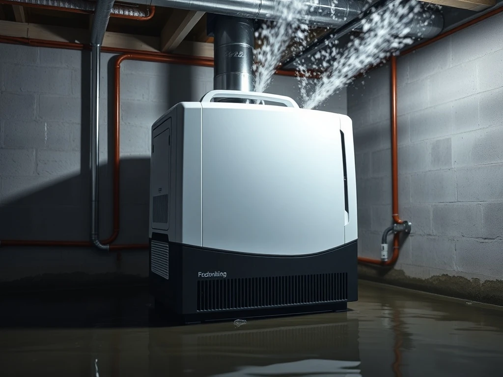 Pro-grade dehumidifier extracting moisture from flooded basement to prevent structural damage