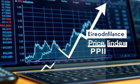 A magnifying glass hovering over a chart showing economic data trends, emphasizing the importance of watching the Producer Price Index.