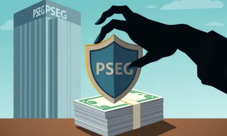 A shield protecting PSEG stock certificates from a predatory PSEG mini-tender offer, symbolizing investor protection.