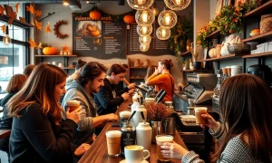 Pumpkin spice latte driving customer traffic at busy coffee shop during autumn season