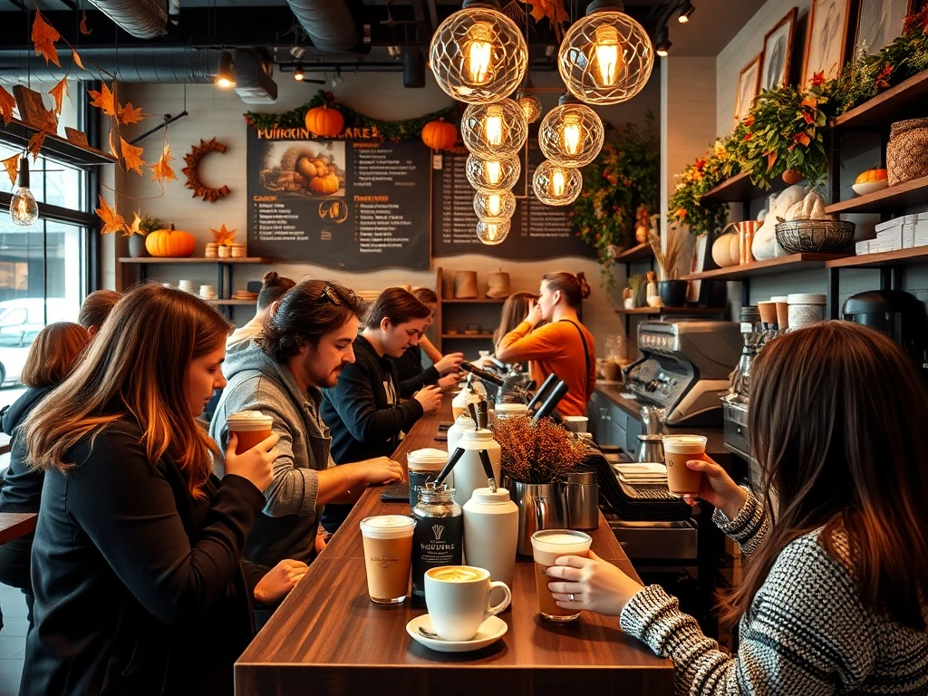 Pumpkin spice latte driving customer traffic at busy coffee shop during autumn season