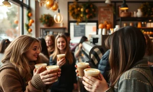 Coffee shop customers enjoying pumpkin-spice latte halo effect during autumn season