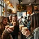 Coffee shop customers enjoying pumpkin-spice latte halo effect during autumn season