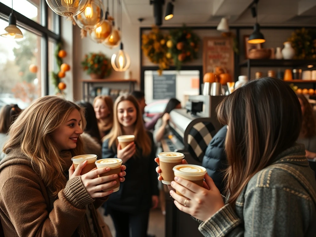 Coffee shop customers enjoying pumpkin-spice latte halo effect during autumn season