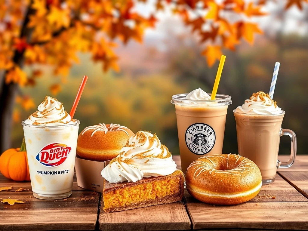 A collection of inviting Pumpkin Spice Menus items from various fast-food establishments, showcasing the delightful flavors of Fall 2025.