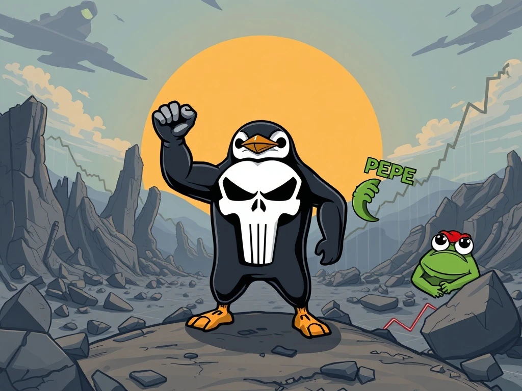Punisher Coin rising as other meme coins like Pudgy Penguins and PEPE lose momentum, symbolizing a shift in crypto market trends.