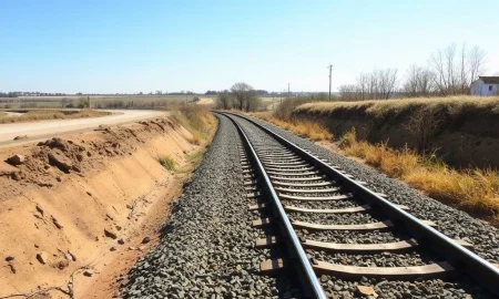 Sun-baked rail tracks in southern England highlighting **Rail disruption UK** caused by dry weather.