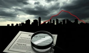 An analytical depiction of a changing real estate market outlook, with a graph showing a decline over a city skyline.