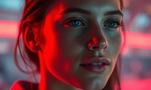 A woman's face glowing with the gentle red light from a red light therapy device, symbolizing skin rejuvenation and health.