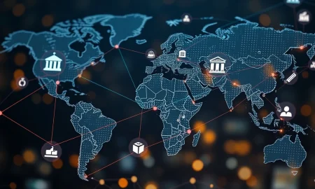 An intricate digital network symbolizing the global reach of regulatory compliance and harmonized reporting across diverse financial jurisdictions.