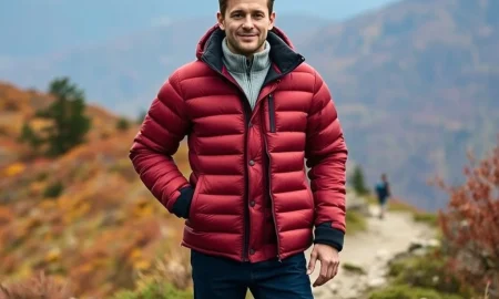 An adventurer enjoys the warmth of their REI down jacket on a brisk mountain trail, highlighting the jacket's comfort and utility.
