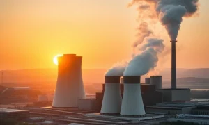A modern coal power plant with steam plumes, representing the complex and persistent future of coal in global energy discussions.