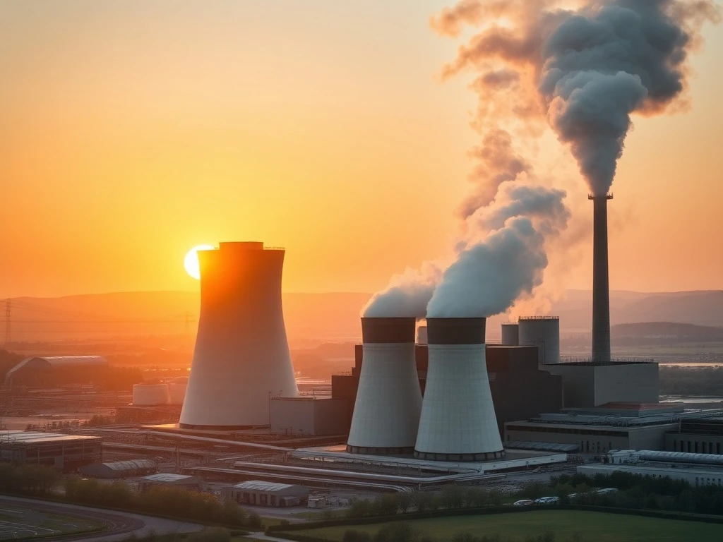 A modern coal power plant with steam plumes, representing the complex and persistent future of coal in global energy discussions.