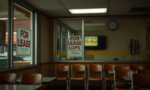 An empty fast-food restaurant dining area with a 'Closed' sign, symbolizing recent restaurant closures in the industry.