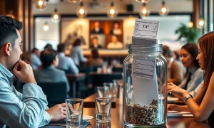 A hand places money into a tip jar on a restaurant table, symbolizing the evolving practice of restaurant tipping and consumer generosity.