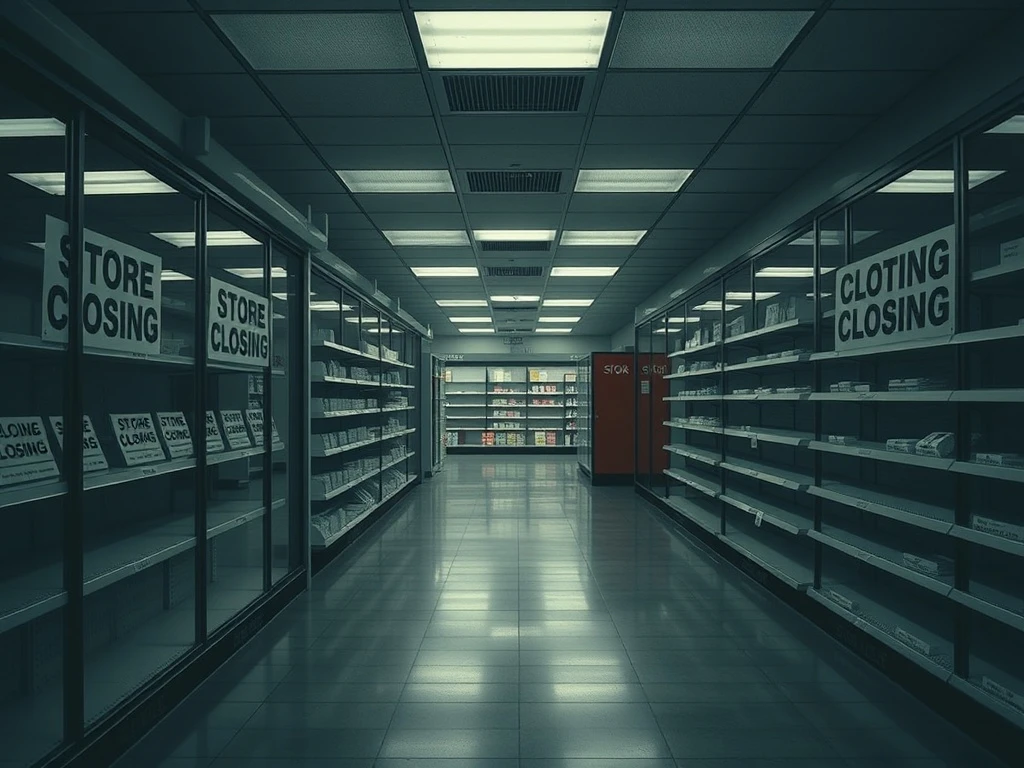 Signs of finality as an iconic **retail chain closure** leads to empty shelves and a shuttered storefront.