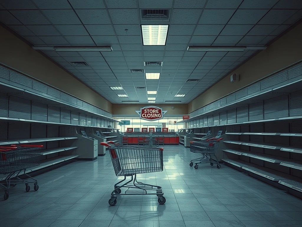 Empty retail store showing retail chain store closures with abandoned shopping areas and closed signs