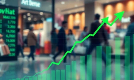 A vibrant upward-trending stock market chart overlaying a busy retail environment, conveying the strong performance of **Retail Sector Stocks** due to positive economic outlook.