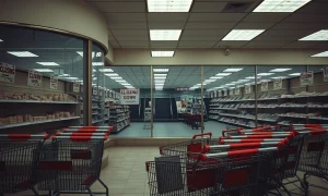 Retail store closures affecting shopping centers across America with empty storefronts and closing signs