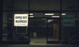 A 'Going Out of Business' sign on a store window, symbolizing a significant retailer bankruptcy and widespread store closures.