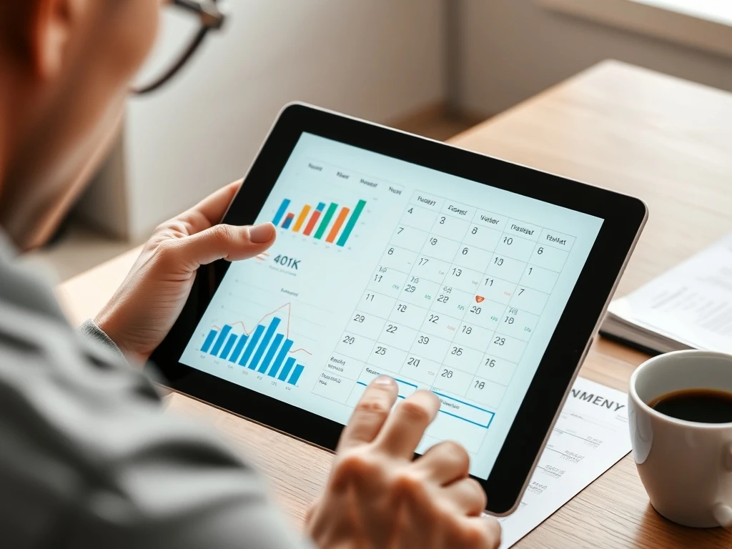 Person confidently planning to retire in 20 years, reviewing 401(k) and financial projections.