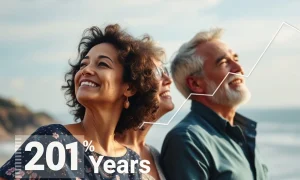 A person confidently looking at a financial chart, planning to retire in 20 years, symbolizing successful retirement strategies.