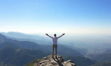 A person stands at a mountain peak, symbolizing the financial freedom to retire at 61.