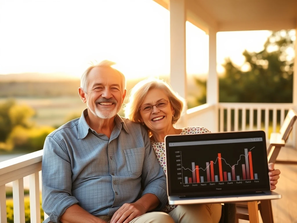 A man and woman, both around 60, relax on a porch, contemplating their ability to comfortably **retire at 61**.