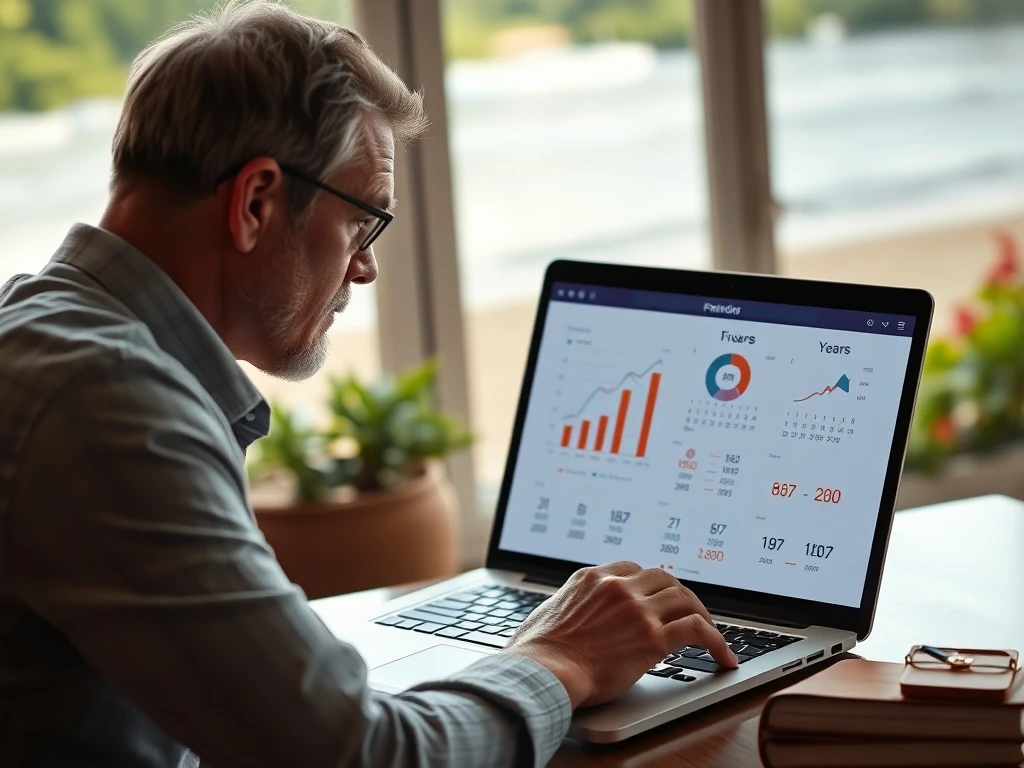A person planning to **retire in 20 years** by analyzing financial data, symbolizing strategic retirement planning and future security.