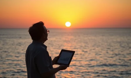 A person looking towards a sunset, symbolizing the journey to retire with 401k funds and achieve financial security in retirement.
