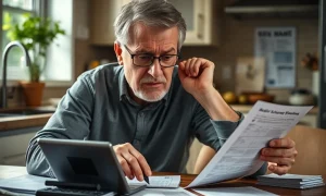 Person facing retirement crisis while reviewing financial documents and emergency expenses