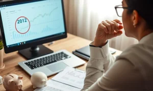 A person thoughtfully considering their retirement planning strategy, looking at financial projections on a screen.