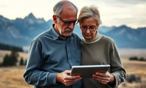 An older couple reviewing their Retirement Planning on a tablet, with a distant mountain range suggesting the Jackson Hole economic summit.