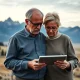 An older couple reviewing their Retirement Planning on a tablet, with a distant mountain range suggesting the Jackson Hole economic summit.