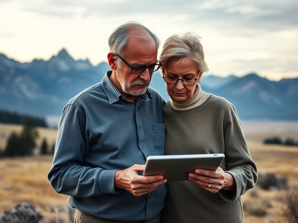 An older couple reviewing their Retirement Planning on a tablet, with a distant mountain range suggesting the Jackson Hole economic summit.
