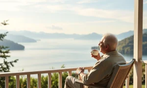 A man confidently enjoying his retirement after successful retirement planning, looking at a serene landscape.