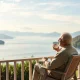 A man confidently enjoying his retirement after successful retirement planning, looking at a serene landscape.