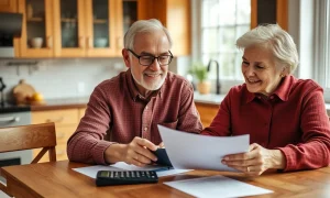 Couple engaged in retirement planning with financial documents at kitchen table