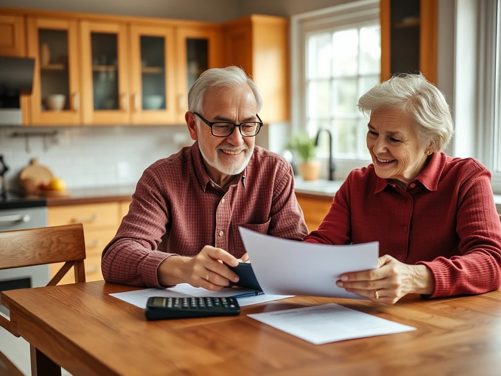 Couple engaged in retirement planning with financial documents at kitchen table